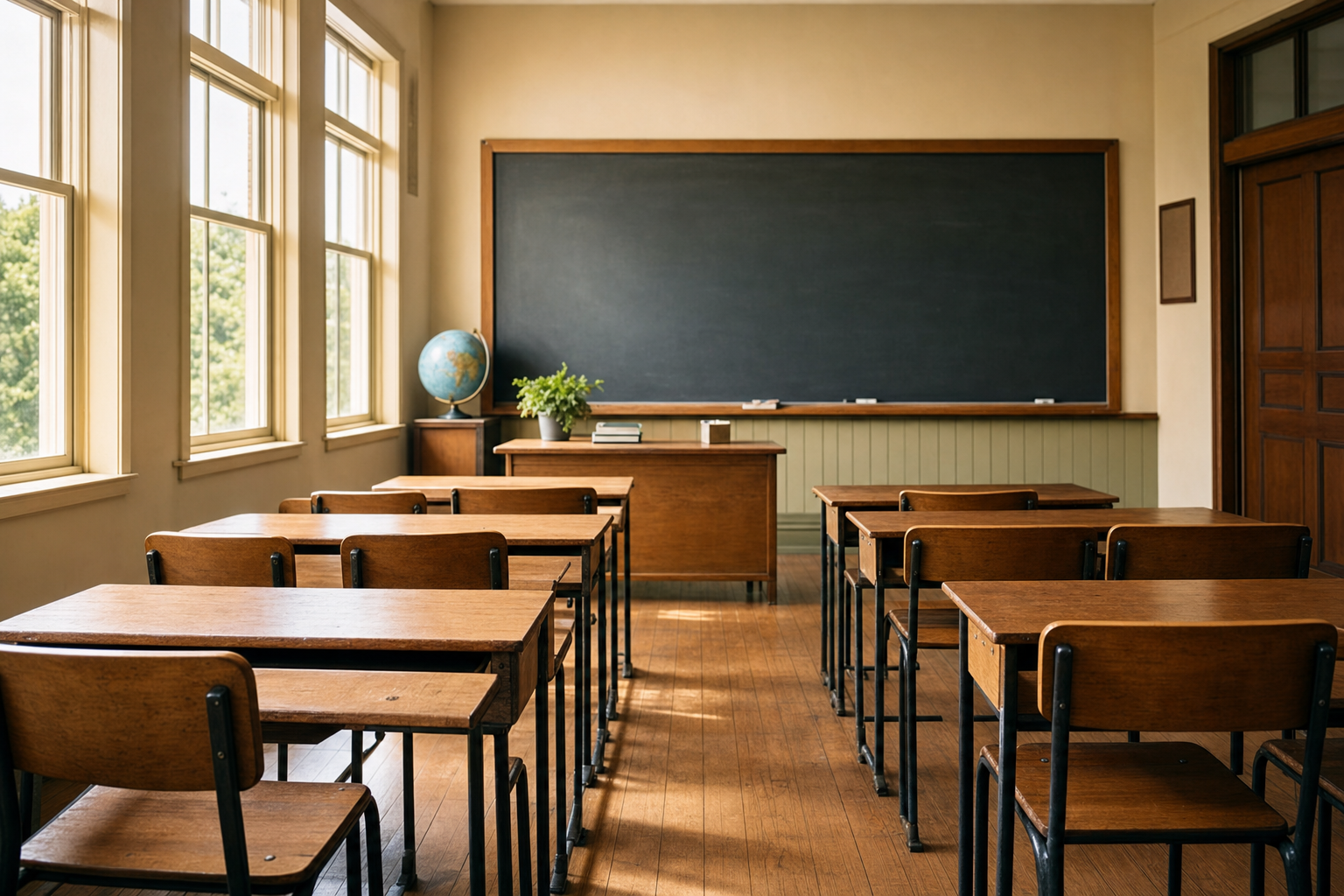 Leeres, sonnendurchflutetes Klassenzimmer mit Holztischen und Tafel