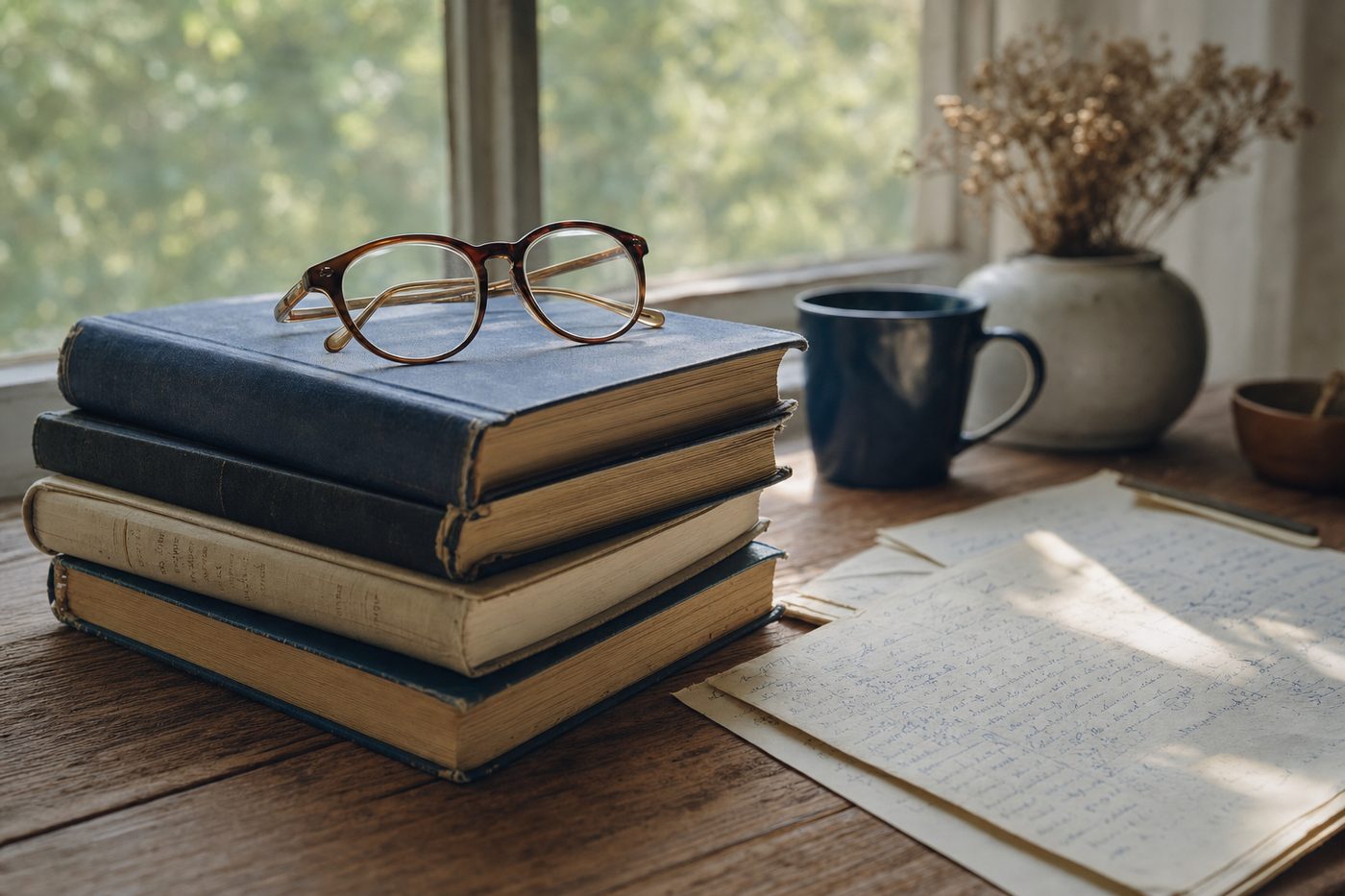 Bücherstapel mit Brille, Tasse und handschriftlichen Notizen auf einem Holztisch am Fenster